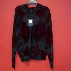 Rogue Mens Cardigan Type Sweater with Hoodie. Color: Burgundy/Grey. Size: XL NWT